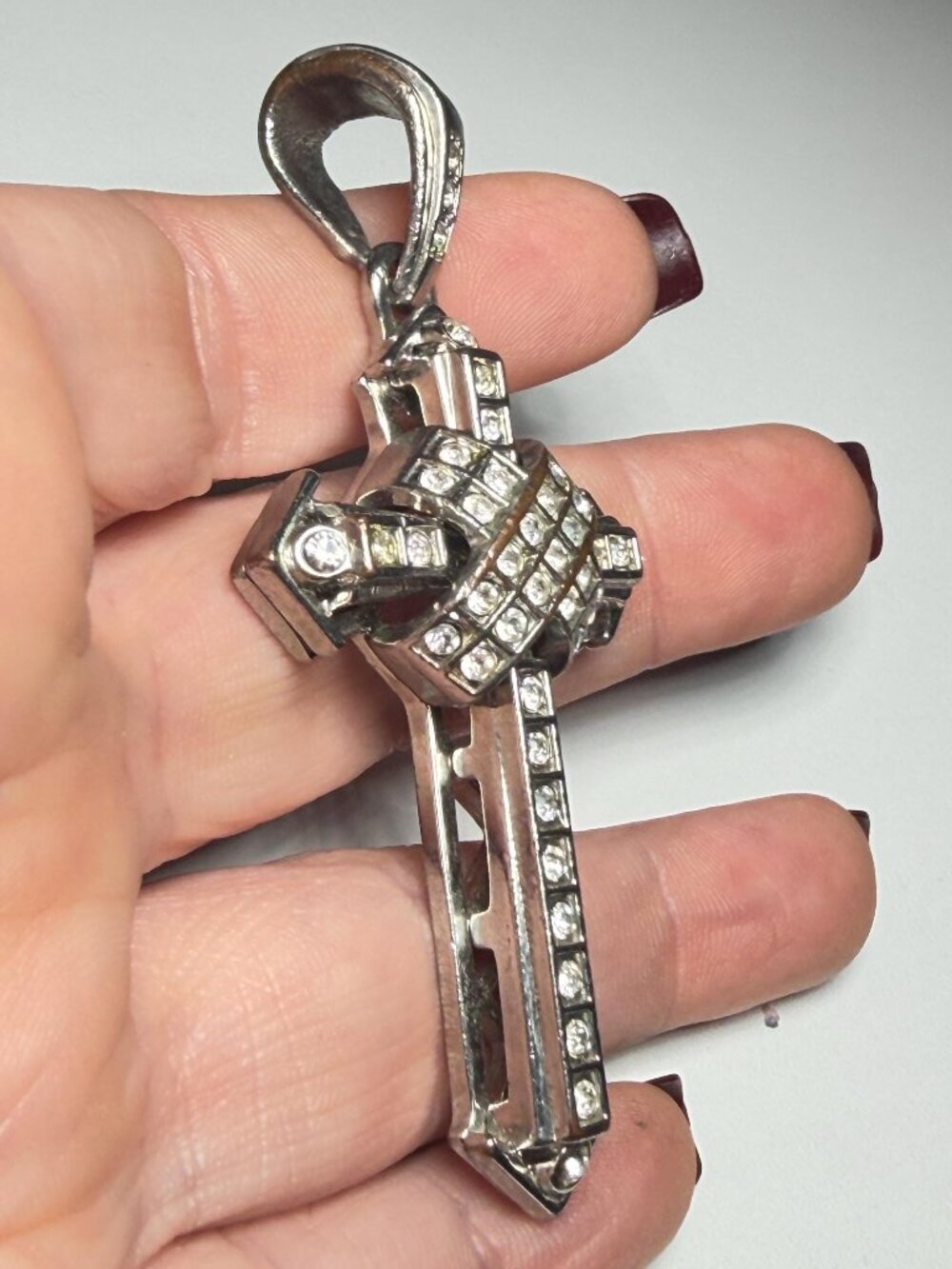 3D Rhinestone Cross Pendant Silver Tone Large Statement Religious Charm 3 inches - Picture 3 of 9